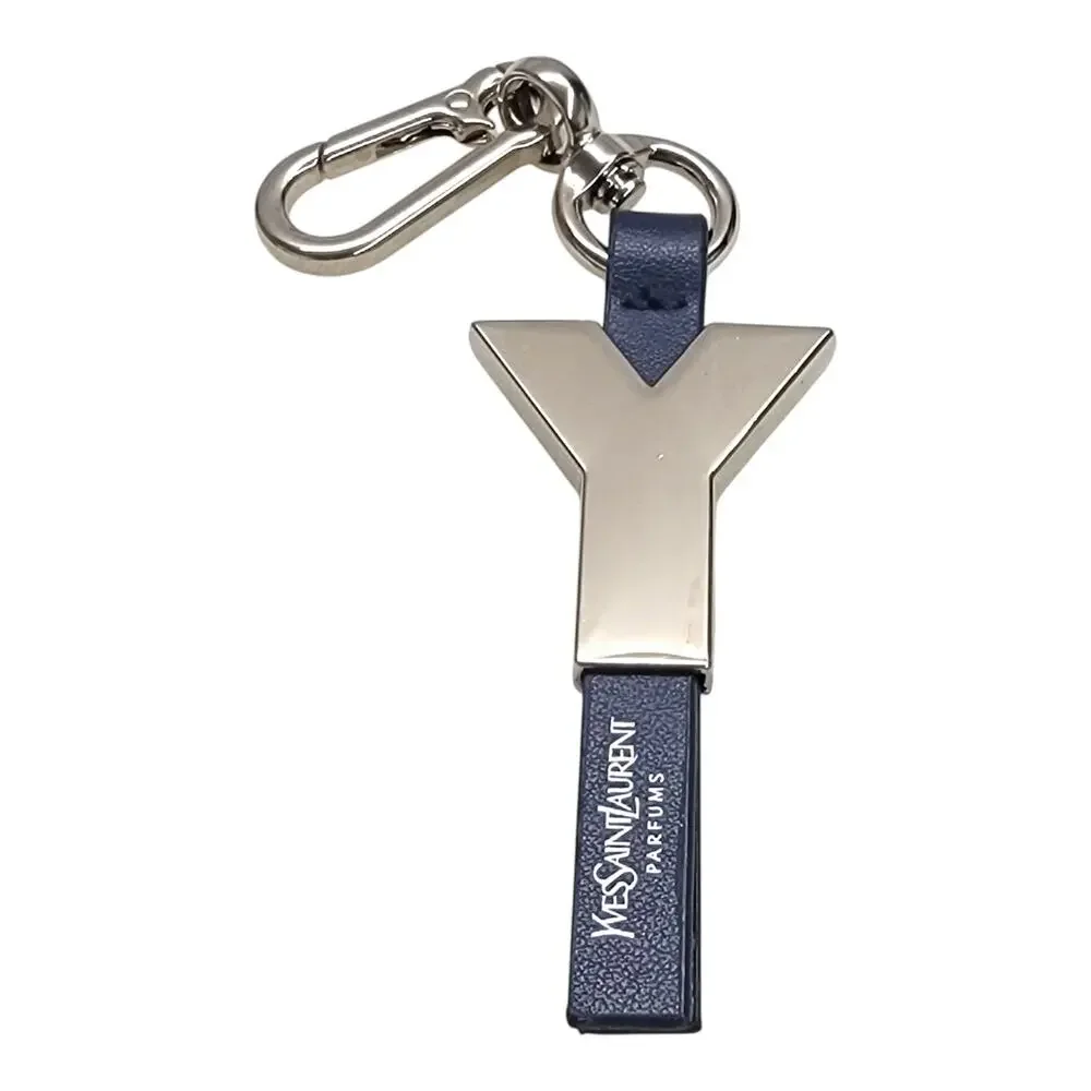 YSL Yves Saint Laurent Parfums Y Logo Silver Metal Leather Key Ring Bag Charm